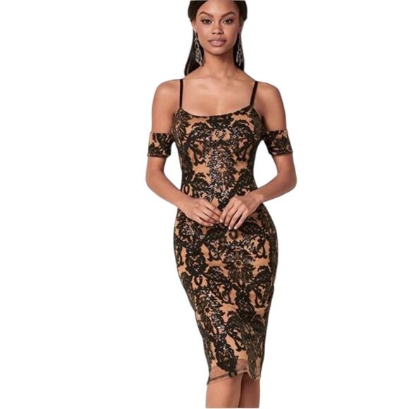 Venus Sequin Cold Shoulder BodyCon Midi Dress Black Tan Womens Size Small - Picture 1 of 14